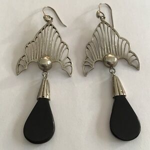 Art Deco Sterling Onyx Huge Drop Earrings Amazing